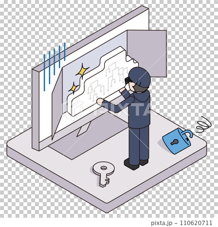 Isometric illustration of a cloud whose data has been stolen due to a cyber attack Isometric illustration of a cloud whose data has been stolen due to a cyber attack 110620711