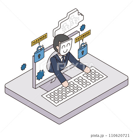 サイバー攻撃でなりすましパソコンを不正操作している犯罪者のアイソメイラスト 110620721