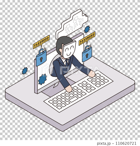 サイバー攻撃でなりすましパソコンを不正操作している犯罪者のアイソメイラスト 110620721