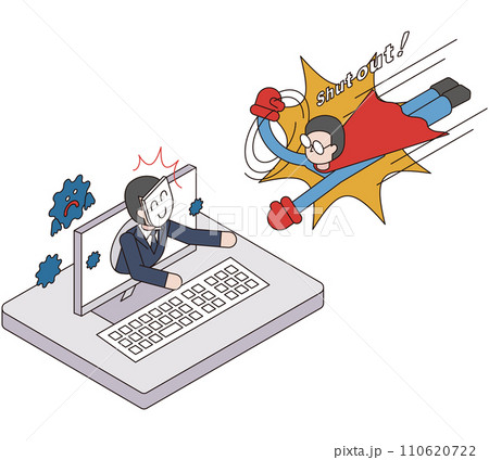 サイバー攻撃から会社のパソコンを守るセキュリティソフトのアイソメイラスト 110620722