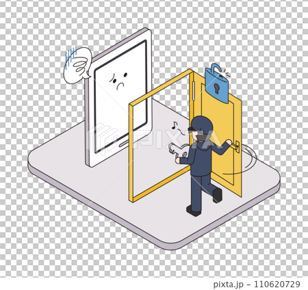 Isometric illustration of a smartphone being hacked due to a cyber attack Isometric illustration of a smartphone being hacked due to a cyber attack 110620729