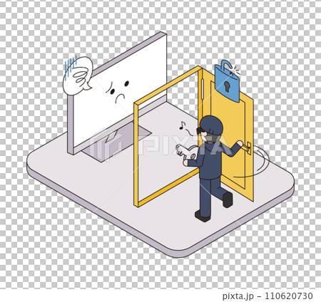 Isometric illustration of a computer being hacked due to a cyber attack 110620730
