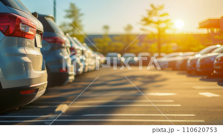 混雑した自動車ディーラーの駐車場に沈む夕日の輝き、自動車ビジネスのイメージ。AI画像 混雑した自動車ディーラーの駐車場に沈む夕日の輝き、自動車ビジネスのイメージ。AI画像 110620753