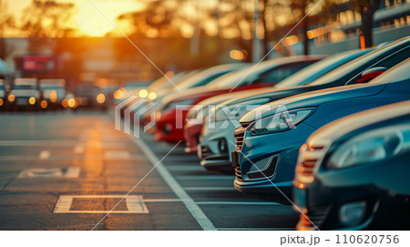 混雑した自動車ディーラーの駐車場に沈む夕日の輝き、自動車ビジネスのイメージ。AI画像 110620756