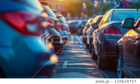 混雑した自動車ディーラーの駐車場に沈む夕日の輝き、自動車ビジネスのイメージ。AI画像 110620757