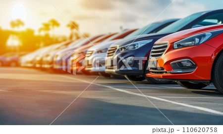 混雑した自動車ディーラーの駐車場に沈む夕日の輝き、自動車ビジネスのイメージ。AI画像 110620758