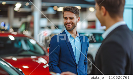 混雑した自動車ディーラーの駐車場に沈む夕日の輝き、自動車ビジネスのイメージ。AI画像 混雑した自動車ディーラーの駐車場に沈む夕日の輝き、自動車ビジネスのイメージ。AI画像 110620761