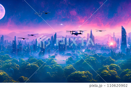 AI生成画像　宇宙都市　ファンタジー　SF ハリウッド映画　幻想的　空想　科学　宇宙　異星　星 110620902