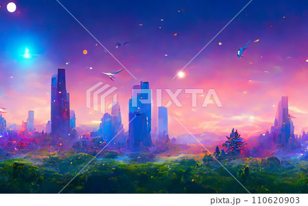 AI生成画像　宇宙都市　ファンタジー　SF ハリウッド映画　幻想的　空想　科学　宇宙　異星　星 110620903