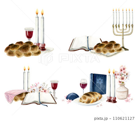 Shabbat ceremony scenes watercolor illustration set isolated on white with open Torah book, gold star of David, two candles, challah, red wine glass and bottle and menorah for Jewish Saturday 110621127