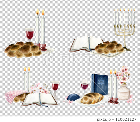 Shabbat ceremony scenes watercolor illustration set isolated on white with open Torah book, gold star of David, two candles, challah, red wine glass and bottle and menorah for Jewish Saturday 110621127