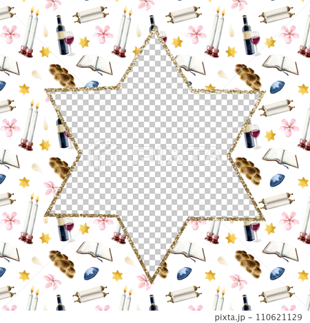 Shabbat Shalom symbols with gold star of David and copy space for social media greeting post watercolor illustration on white background with religious accessories for Jewish Saturday Shabbat Shalom symbols with gold star of David and copy space for social media greeting post watercolor illustration on white background with religious accessories for Jewish Saturday 110621129