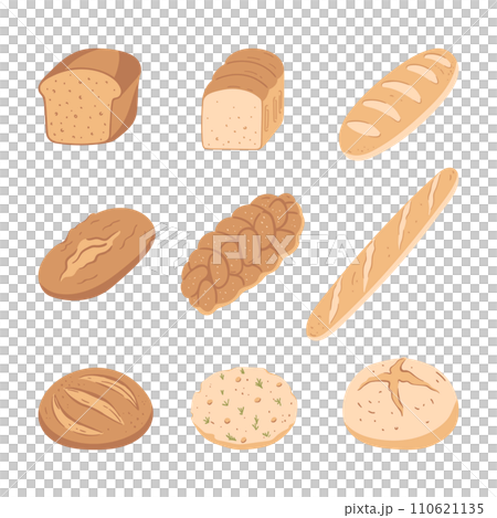 Set of hand drawn types of bread. Simple illustration isolated on white background. Design elements for label, menu, bakery Set of hand drawn types of bread. Simple illustration isolated on white background. Design elements for label, menu, bakery 110621135