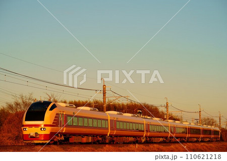 紅く染まる西日　成田線を走る開運成田山初詣群馬号（E653系・国鉄色） 110621218