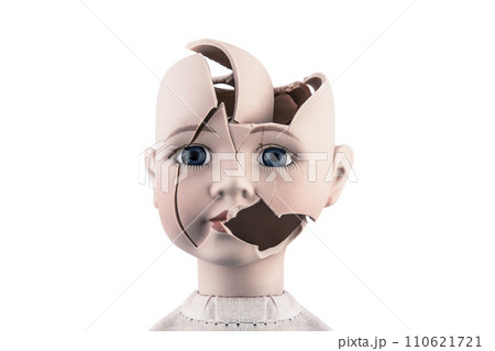 Broken vintage doll head isolated on white background with clipping path 110621721