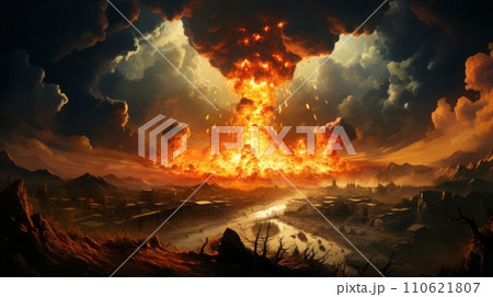 Massive nuclear explosion. Atomic bomb detonation. World War 3. Mushroom cloud with fire after an atomic bomb attack. Nuclear weapons. Thermonuclear bomb detonation. Hydrogen warhead explosion. 110621807