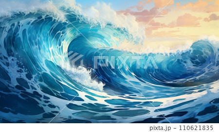 Painting of a perfect surfing swell. Art of a beautiful massive ocean wave. Gorgeous waves realistic illustration. Strong perfect formed waves breaking on the shore art. 110621835