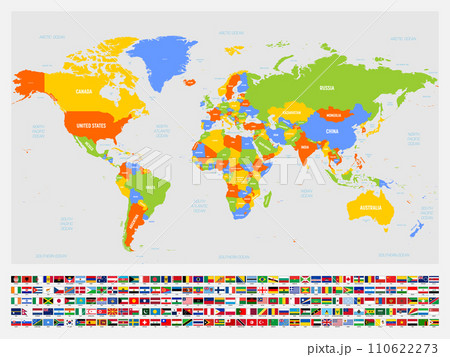 Colored political map of World with country and water labels. With set of national flags of countries under the map. Vector illustration. Colored political map of World with country and water labels. With set of national flags of countries under the map. Vector illustration. 110622273