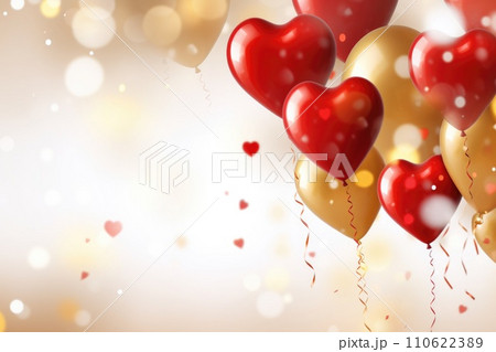 Red white and gold heart shaped balloons with copy space 110622389