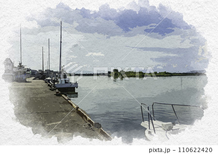 水彩画風 三国湊 九頭竜川 福井県坂井市 水彩画風 三国湊 九頭竜川 福井県坂井市 110622420