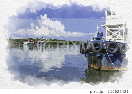 水彩画風 三国湊 九頭竜川 福井県坂井市 水彩画風 三国湊 九頭竜川 福井県坂井市 110622421