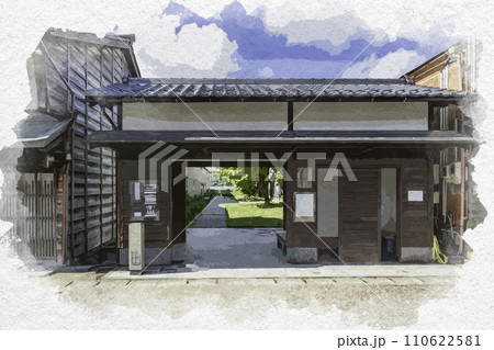 水彩画風　三国湊　三国湊きたまえ通りの町並み　マチノニワ（下新公園）　福井県坂井市 110622581