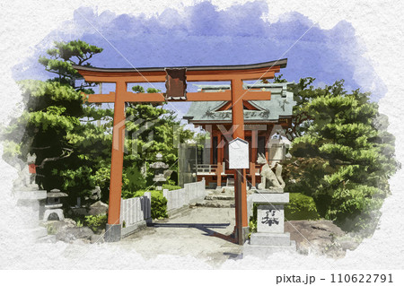 水彩画風　三国湊　成田山九頭竜寺　開運出世稲荷堂　福井県坂井市 110622791