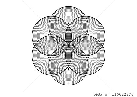 Seed Flower of life lotus icon, logo mandala sacred geometry, tattoo symbol of harmony and balance. Mystical talisman, interlocking of black circles lines vector isolated on white background  110622876