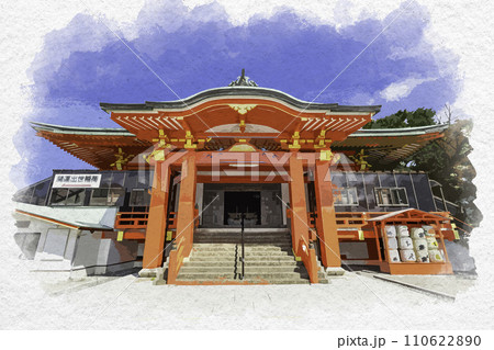 水彩画風　三国湊　成田山九頭竜寺　本堂　福井県坂井市 110622890