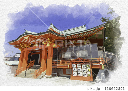 水彩画風　三国湊　成田山九頭竜寺　本堂　福井県坂井市 110622891