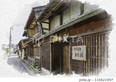 水彩画風　三国湊　滝谷出村の町並み　魚志楼　福井県坂井市 110622897