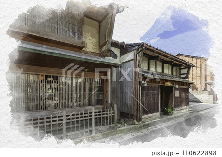 水彩画風　三国湊　滝谷出村の町並み　魚志楼　福井県坂井市 110622898