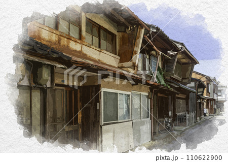水彩画風　三国湊　滝谷出村の町並み　福井県坂井市 110622900