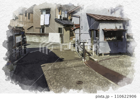 水彩画風　三国湊　滝谷出村の町並み　見返り橋　福井県坂井市 110622906