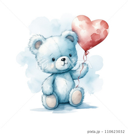 Watercolor cute little teddy bear with red heart shaped balloon 110623032
