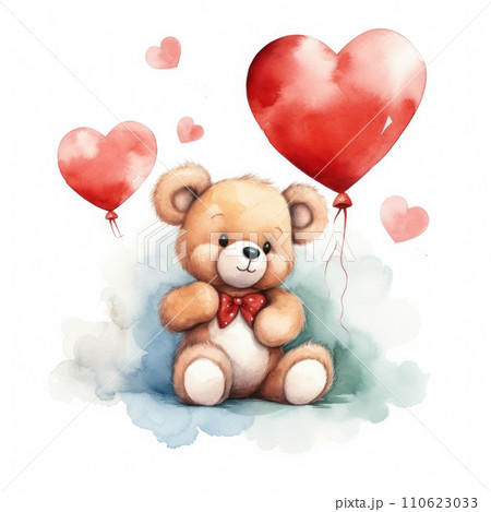 Watercolor cute little teddy bear with red heart shaped balloon 110623033