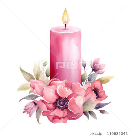 Watercolor pink candle with flowers on white background Watercolor pink candle with flowers on white background 110623048