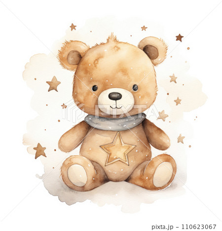 Cute watercolor little teddy bear on white background 110623067