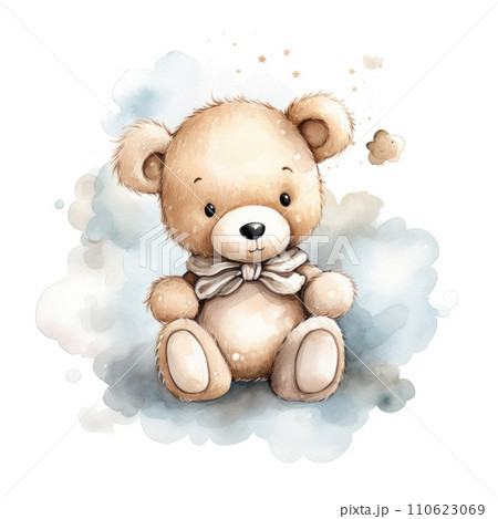 Cute watercolor little teddy bear on white background 110623069