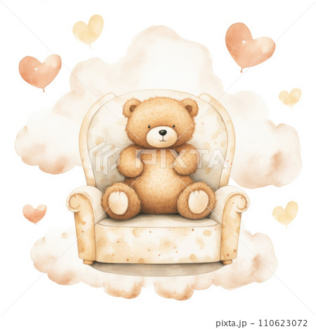 Cute watercolor little teddy bear on a chair on white background 110623072