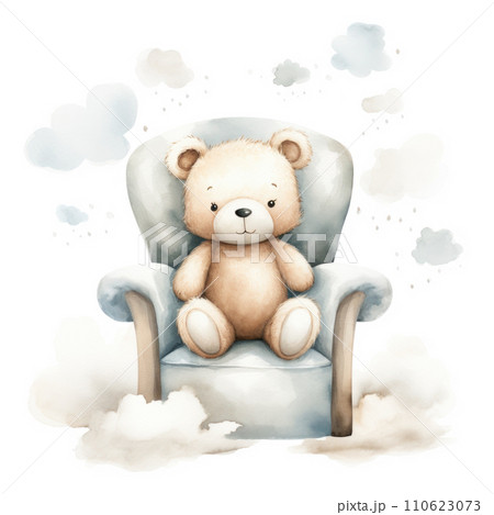 Cute watercolor little teddy bear on a chair on white background 110623073