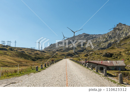 Historic Gotthard Pass road with cobblestones, Canton of Ticino, Switzerland Historic Gotthard Pass road with cobblestones, Canton of Ticino, Switzerland 110623312
