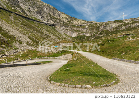 Historic Gotthard Pass road with cobblestones, Canton of Ticino, Switzerland Historic Gotthard Pass road with cobblestones, Canton of Ticino, Switzerland 110623322