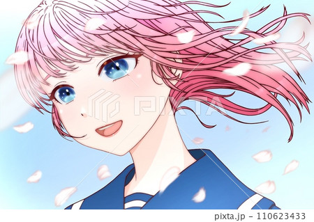 桜の花びらが舞う風が吹く、横向きの女学生　輪郭＝茶・瞳＝青・髪＝ピンク　【アニメ・セル画風】 110623433