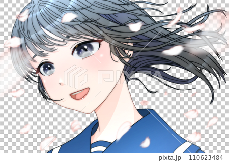 A female student looking sideways, with cherry blossom petals dancing in the wind. Outline = black, eyes = black, hair = black [Anime/cell drawing style] 110623484