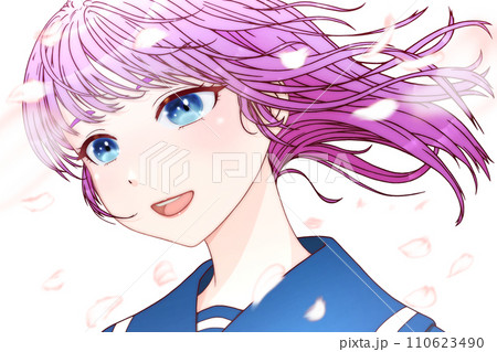 桜の花びらが舞う風が吹く、横向きの女学生　輪郭＝茶・瞳＝青・髪＝紫　【アニメ・セル画風】 110623490