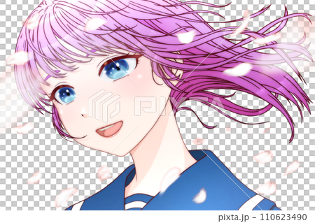 桜の花びらが舞う風が吹く、横向きの女学生　輪郭＝茶・瞳＝青・髪＝紫　【アニメ・セル画風】 110623490