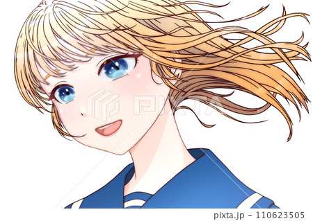 風の中、横向きの女学生 輪郭＝茶・瞳＝青・髪＝金 【アニメ・セル画風