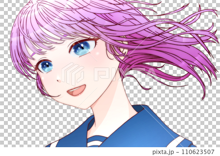 風の中、横向きの女学生 輪郭＝茶・瞳＝青・髪＝紫 【アニメ・セル画風