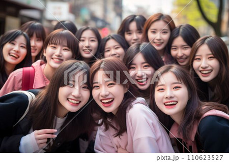 女性　集合写真 若い女性の集合写真、大学卒業、サークルのイメージ（AI生成画像）のイラスト素材 [110623527] - PIXTA